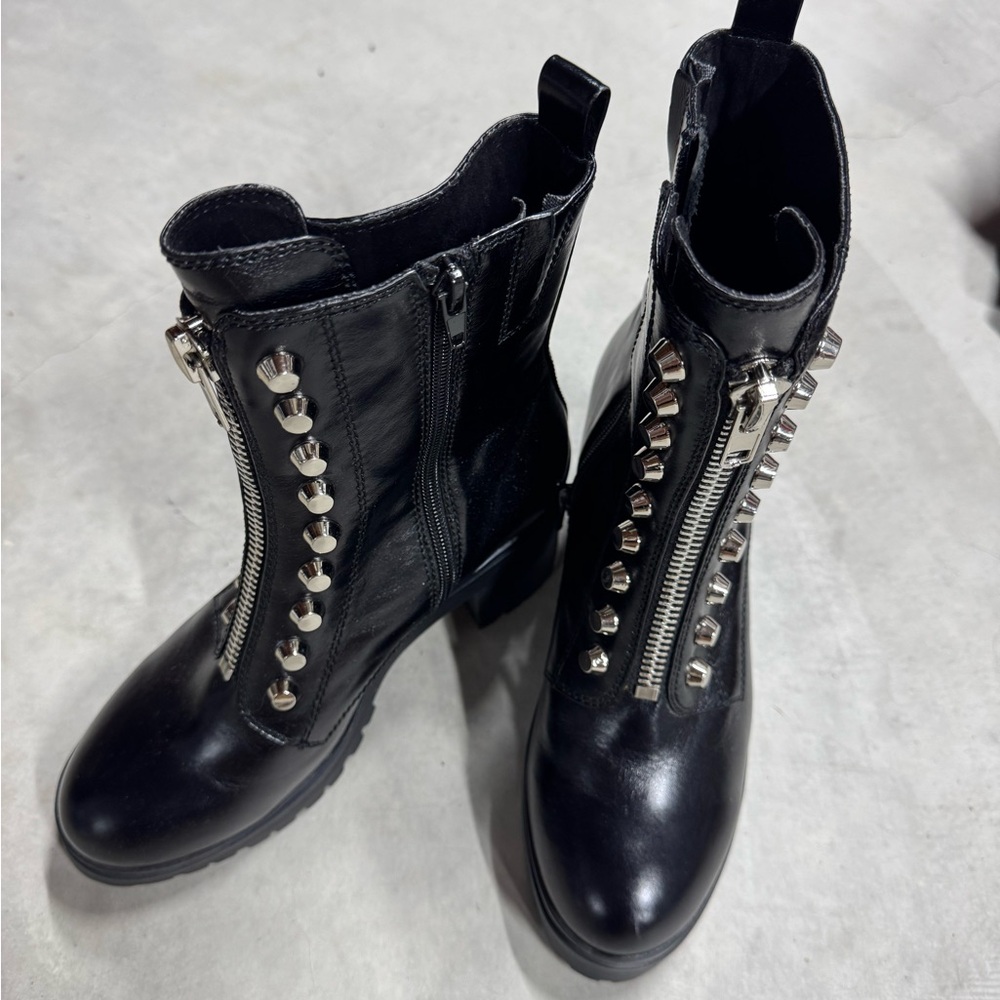 Jeffrey Campbell Tonette-Hi Black Combat Moto Boots with Glossy Finish